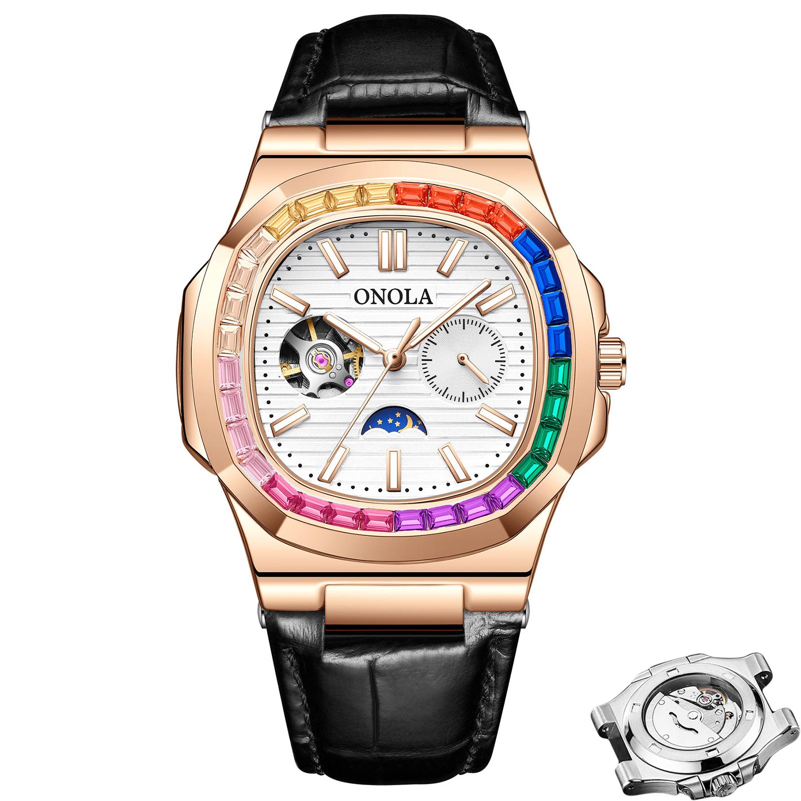 

Мужские автоматические механические часы с маховиком, полым 24-часовым окошком для индикации фаз Луны, цветные часы с бриллиантами, круглые студенческие механические часы белый/ярко-розовый