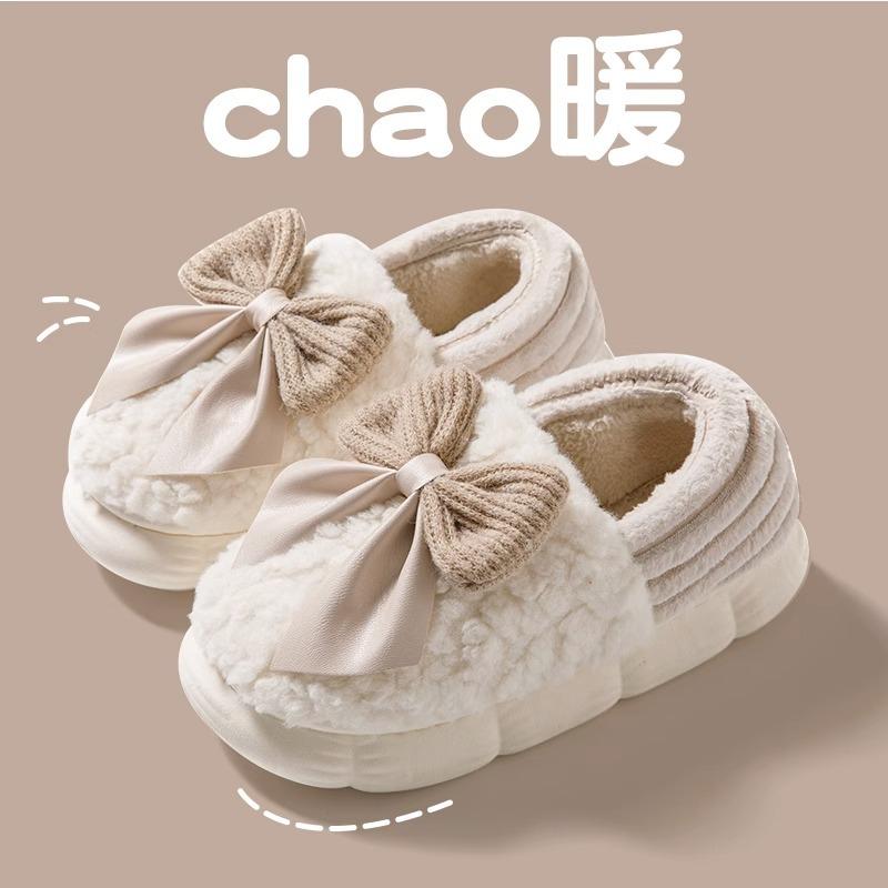 Fashion Woman Retro Fashion Bow Cotton Slippers Female Autumn Winter Indoor Home Slippers 2025 Warm Soft Plush Girls Cotton Footwear