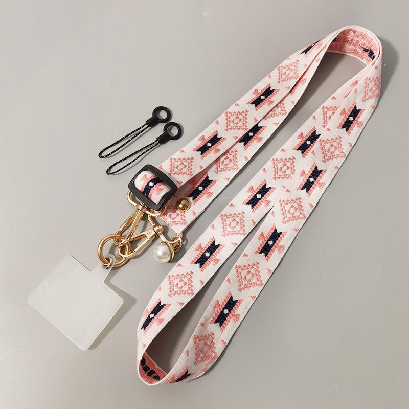 Mobile phone lanyard Long crossbody with shoulder back Ethnic style pearl pendant Retro pattern Adjustable neck wide cloth belt