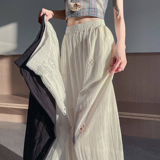 Niche Design Hollow Lace Patchwork Casual Pants Women's Summer High Waist Loose Wide Leg Lazy Style Straight Leg Pants