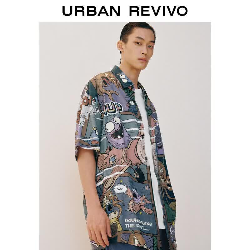 UR Men's Autumn Trendy Comic Print Loose Open-Front Shirt