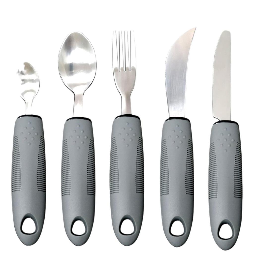 Adaptive Stainless Steel Anti-Tremor Tableware Set: Ergonomic Knife, Fork, Spoon with Rubber and Plastic Handles for Elderly Assistance