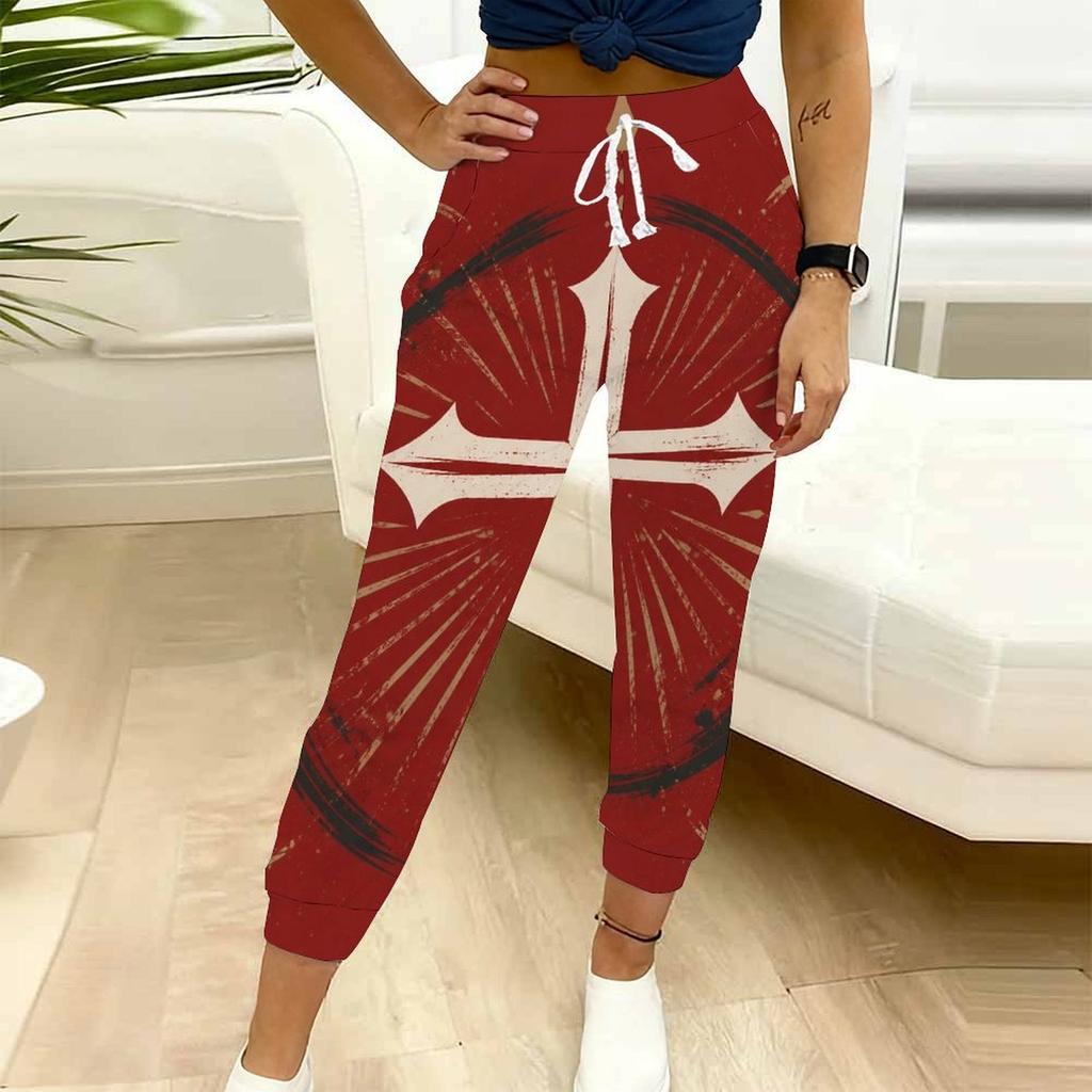 Women Plus Size Printed Jogger Pants Dark Navy Gold Pattern Drawstring Waist Side Pockets Cuffed Ankle