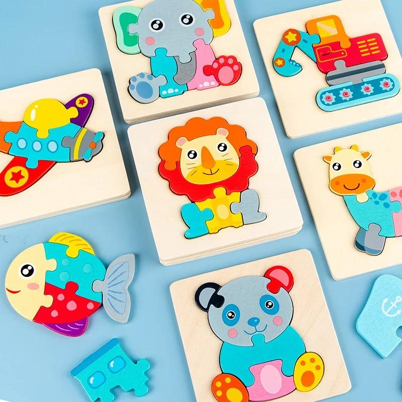 Wooden Jigsaw 3D  Puzzle Cartoon Animal Wood 3D Puzzles Montessori Educational Intelligence Jigsaw Toys For Children Gifts