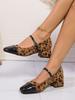 Leopard Print Color Matching European and American Style Mary Jane Women's Shoes Thick Middle Heel Light Mouth Square Head Splicing Word with Rhin