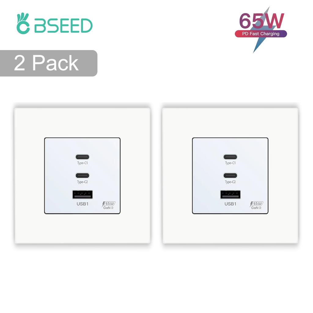 BSEED EU Wall Power Socket With Dual Type-c USB 65W Fast Ports For Phone Laptop Charging Matte Plastic Frame 1/2/3/4Pack