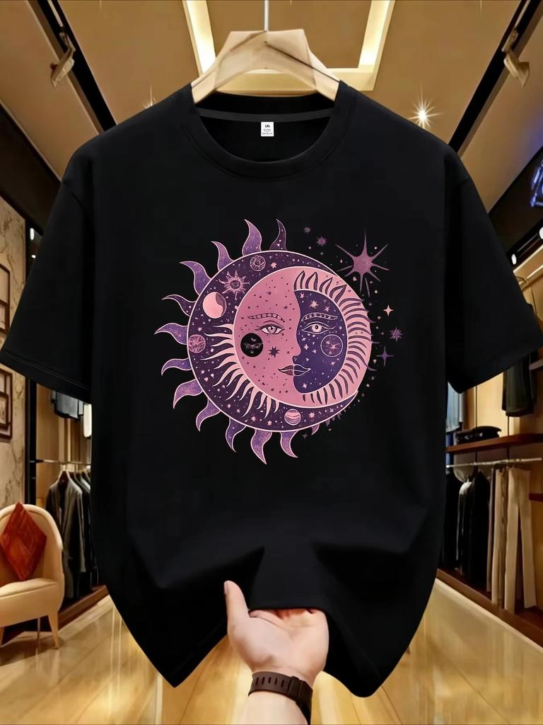 Unisex Trendy Sun Moon Star Print Soft Cotton Round Neck TShirt Summer Casual Street Versatile Short Sleeve Tops