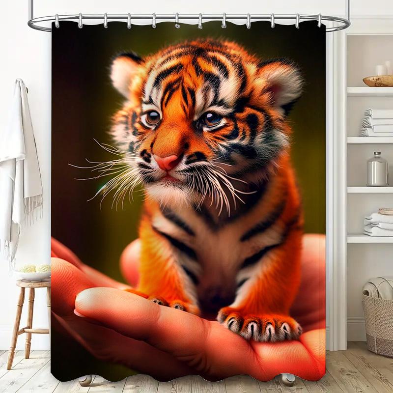 Cute Tiger Baby Shower Curtain Bath Decor With Hand Holding Design 3D Printed Waterproof Fabric Customizable Size For Home Decor