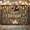 1pc Rustic Western Style Birthday Banner with Vintage Cowboy Hat Fairy Lights Wooden Wagon Wheels Bouquet with Pink Roses - B