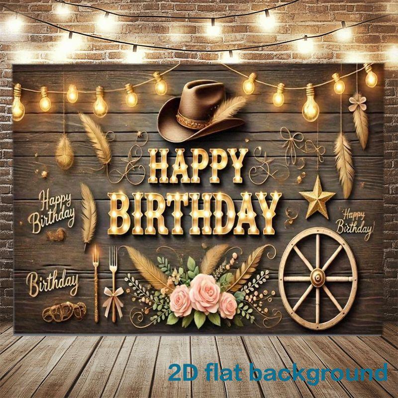 1pc Rustic Western Style Birthday Banner with Vintage Cowboy Hat Fairy Lights Wooden Wagon Wheels Bouquet with Pink Roses - B