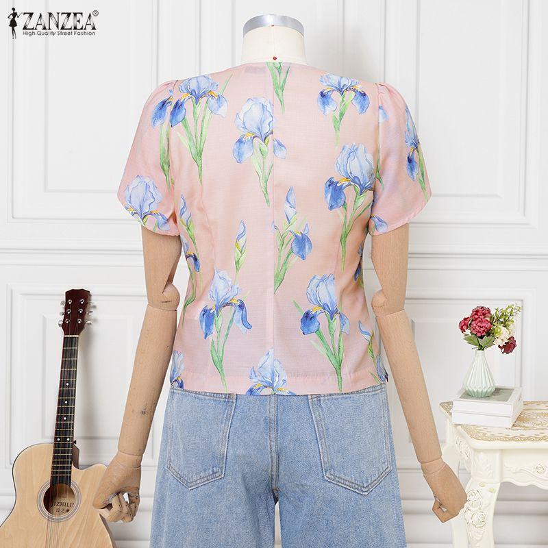 ZANZEA Women Casual V-Neck Short Sleeve Print Blouse