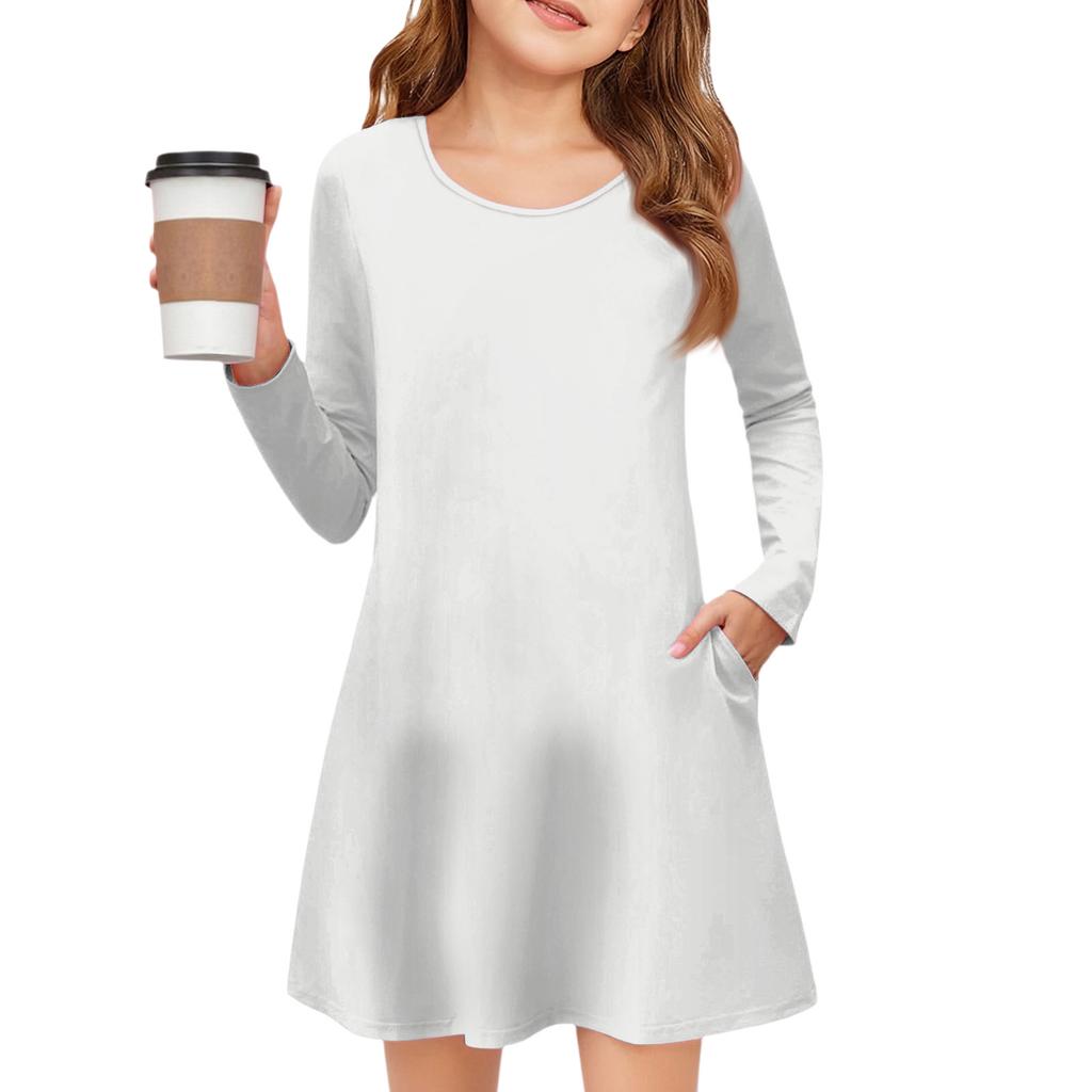 Girls' Long Sleeve Dress - Solid Color Pocket Dress