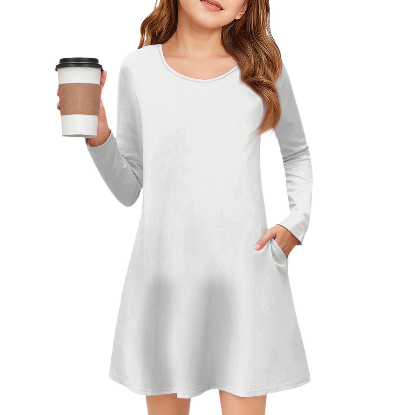 

Girls Long Sleeve Dress - Solid Color Pocket Dress 120 белый