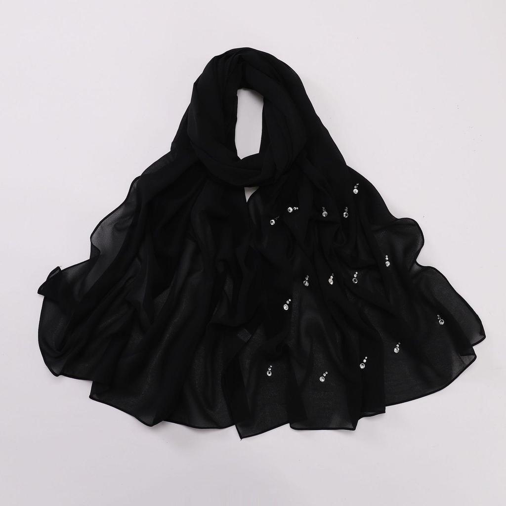 Perłowy szyfonowy hidżab z kroplą wody i diamentami - szalik w stylu bliskowschodnim i malezyjskim