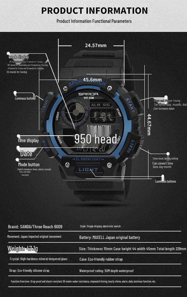 SANDA Waterproof Multifunctional Luminous Sports Watch with Alarm and Electronic Display for Students
