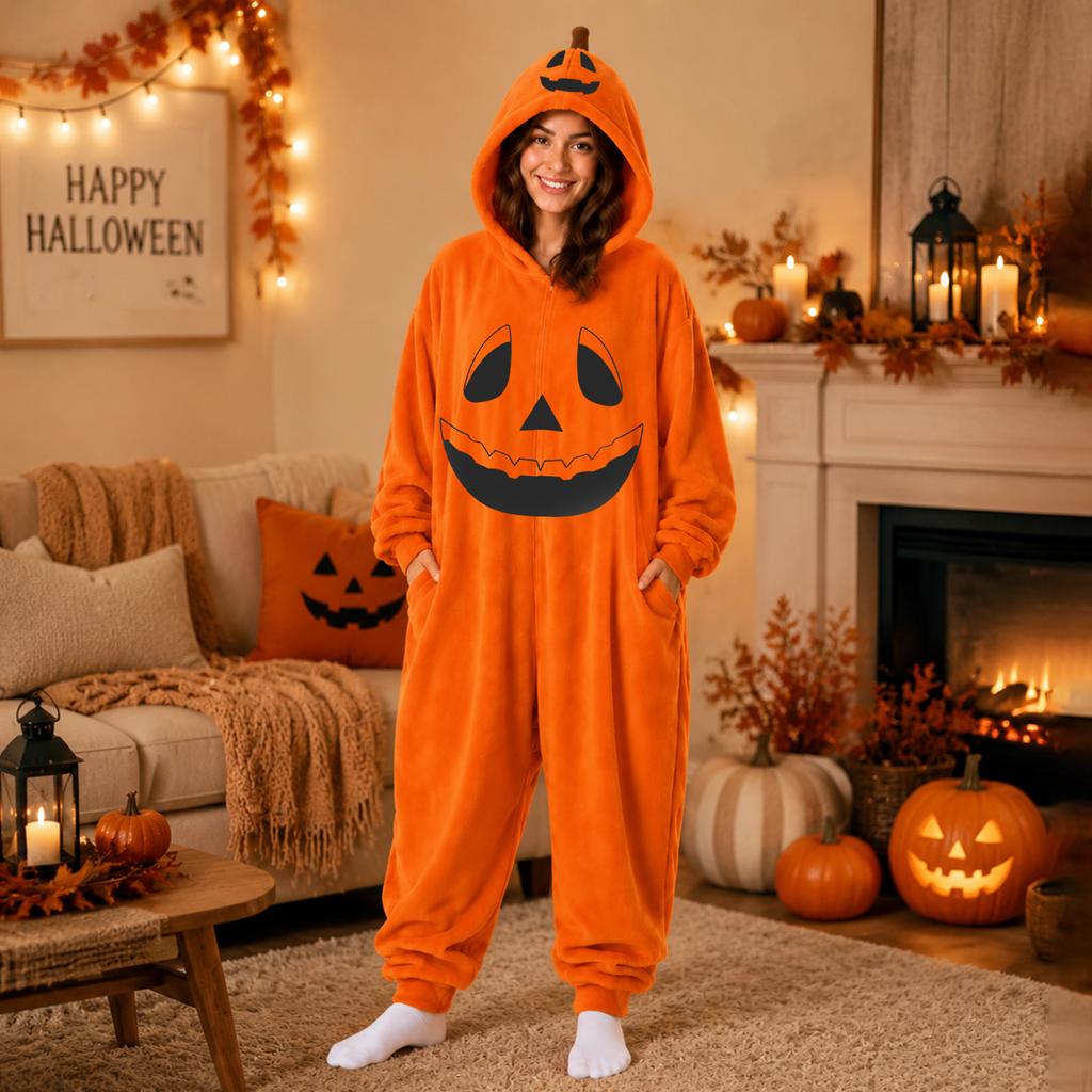 Women's Flannel Pajama Jumpsuit with Halloween Print for Cozy Lounging