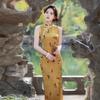 Huinan Sujin high-end and beautiful gold cheongsam 1011 new spring and summer waist daily wear dress