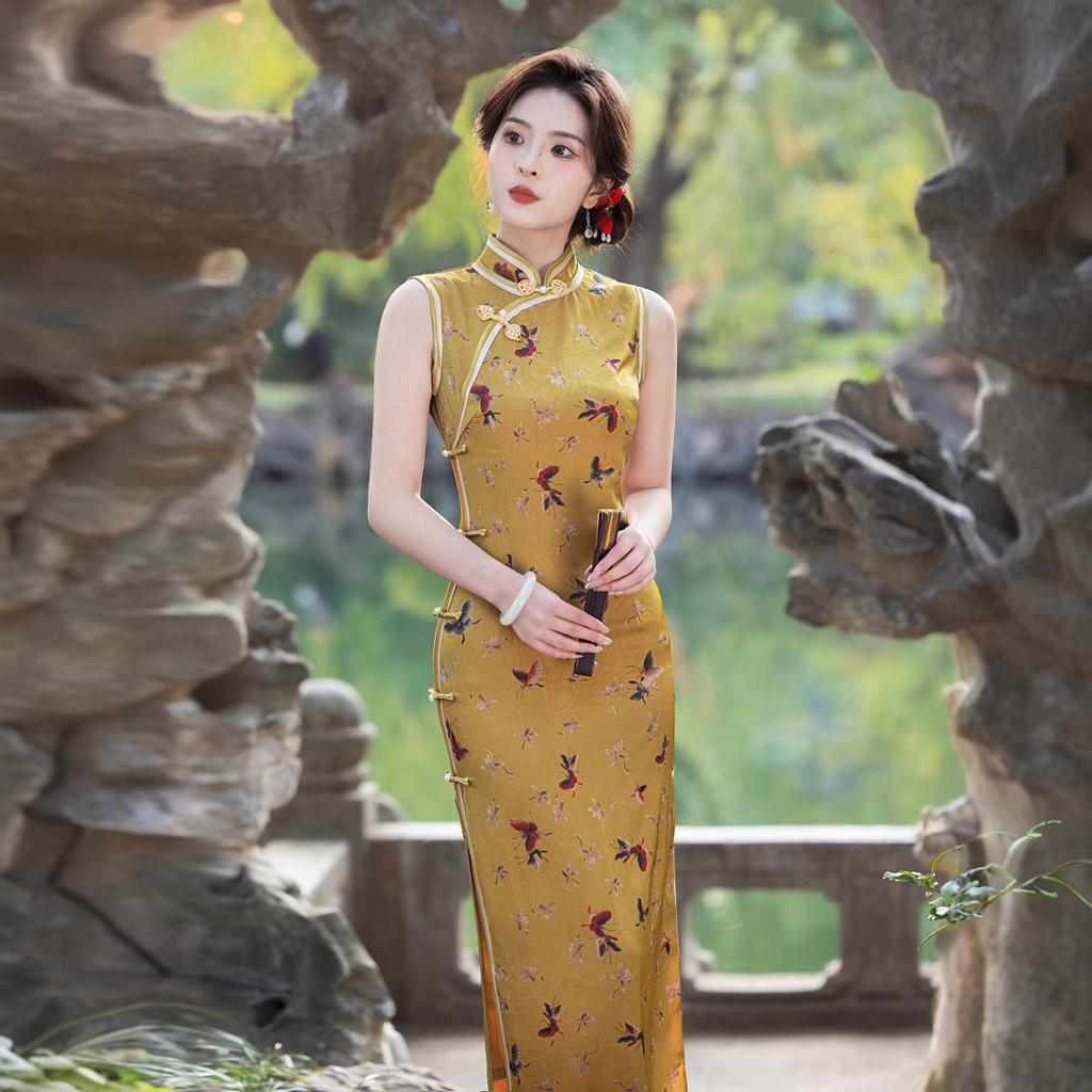 Huinan Sujin high-end and beautiful gold cheongsam 1011 new spring and summer waist daily wear dress