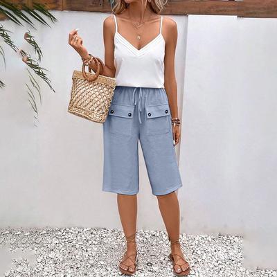 Women Street Casual Bermuda Pants Front Pockets Elastic Waist Shorts Summer Solid Versatile Drawstring Knee Length Pants Female