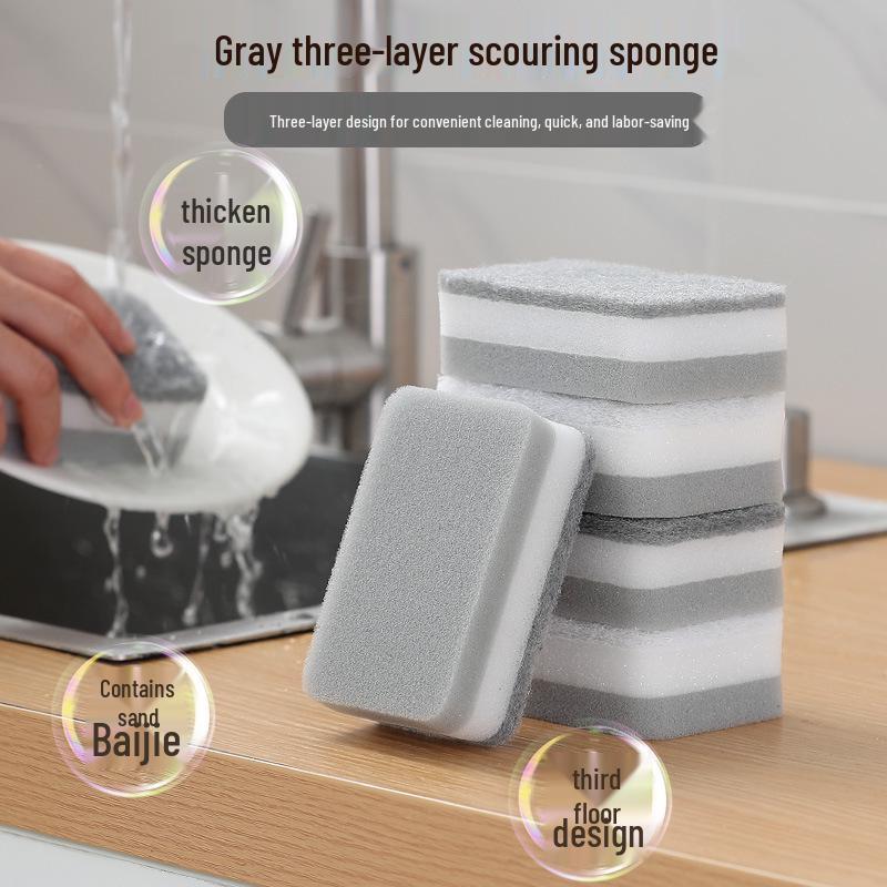 Extra Thick Double-Sided Sponge Scrubber: Kitchen Cleaning Brush & Three-Layer Scouring Pad