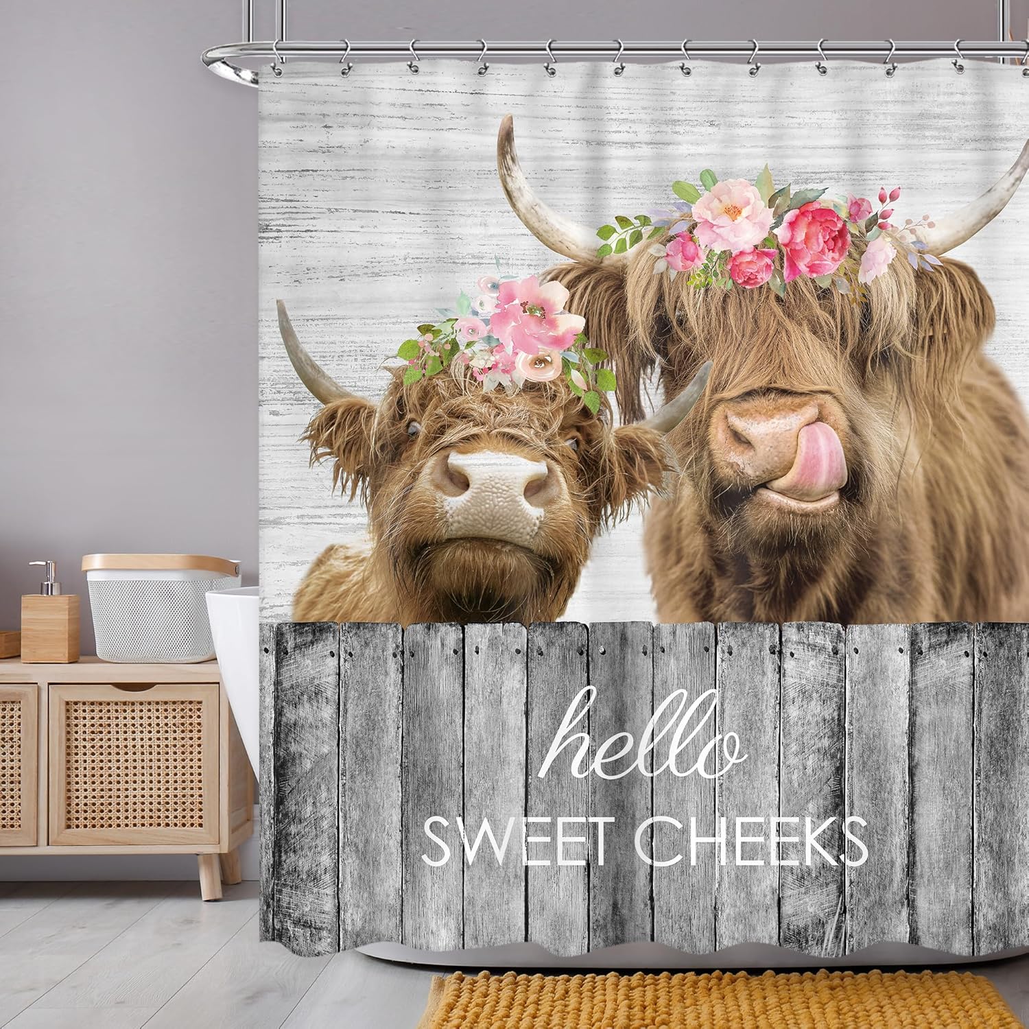 

Funny Cow Shower Curtain With Western Bull & Donkey Design – Rustic Barn Door Farm Animal Bathroom Decor W60H190(CM)-1 Pcs