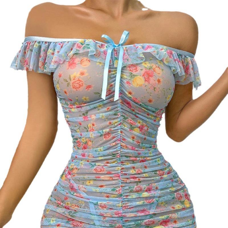 Rochie pliată cu un umăr, la modă și sexy pentru femei, rochie transparentă imprimată, care acoperă șoldul Fusta subțire sexy