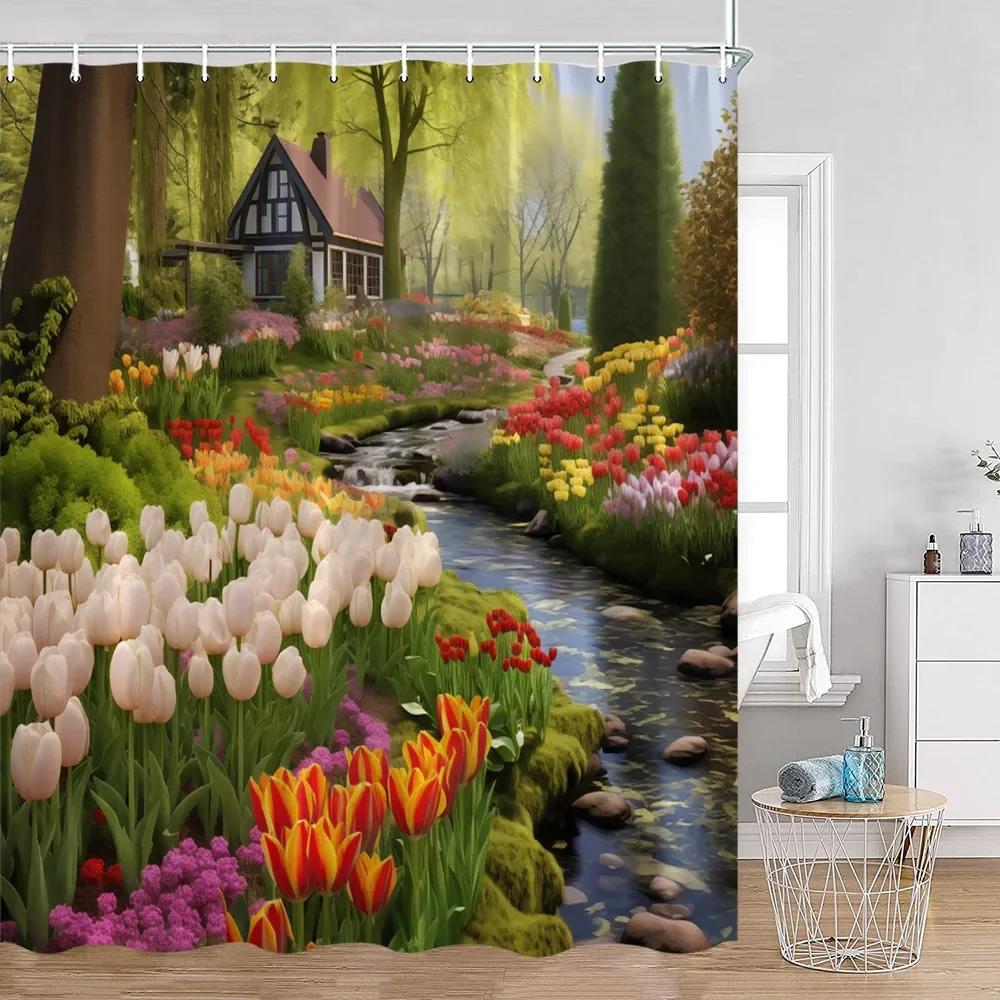 Colorful Flowers Green Plants Shower Curtain Trees Spring Landscape River Tulip Bathroom Curtain Polyester Bathroom Decoration