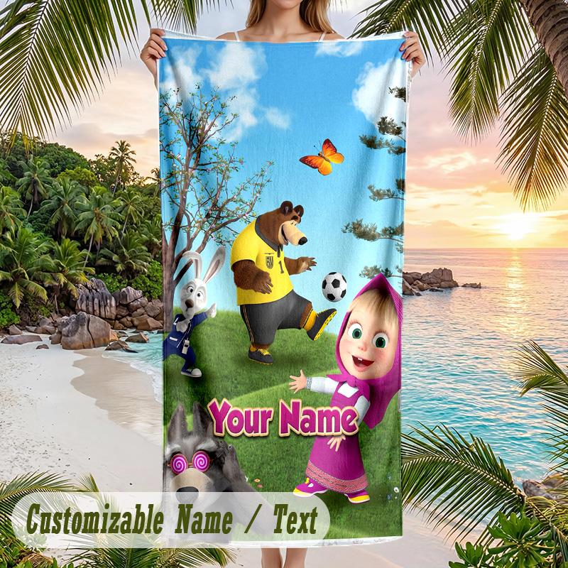 Masha and the Bear Beach Towel, Personalized Custom Text, Quick Dry Soft Large Towel For Swimming Pool Travel
