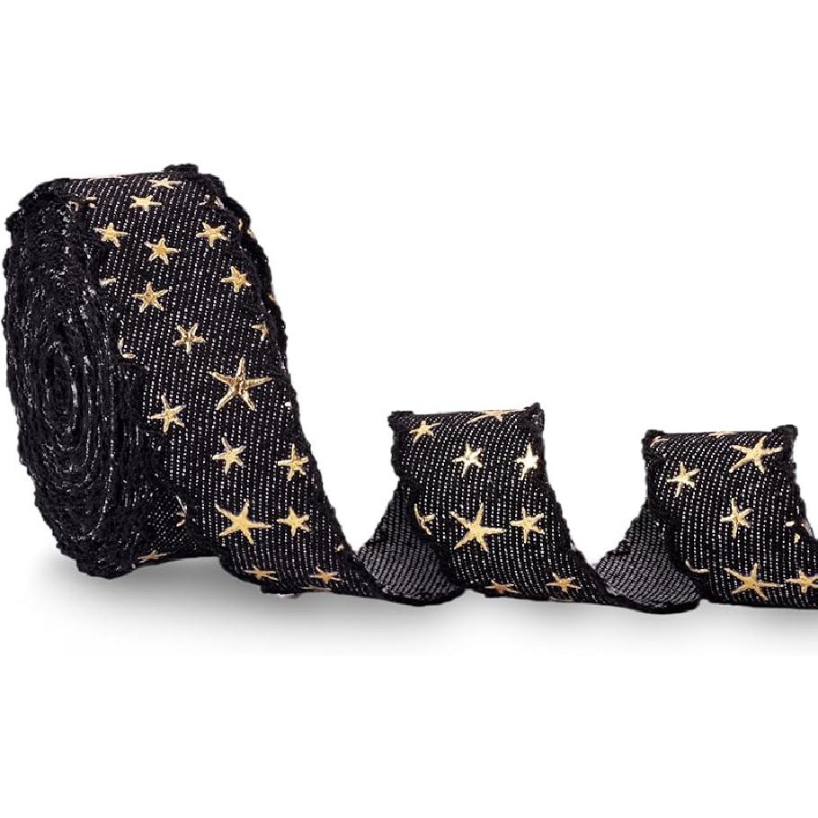 5 Yards Marine Blue Gold Foil Star Denim Ribbon for Clothes Accessories,3D Star Gold Stamping Jean Cloth Fabric Ribbon, 1 Inch Denim Cloth Ribbon for