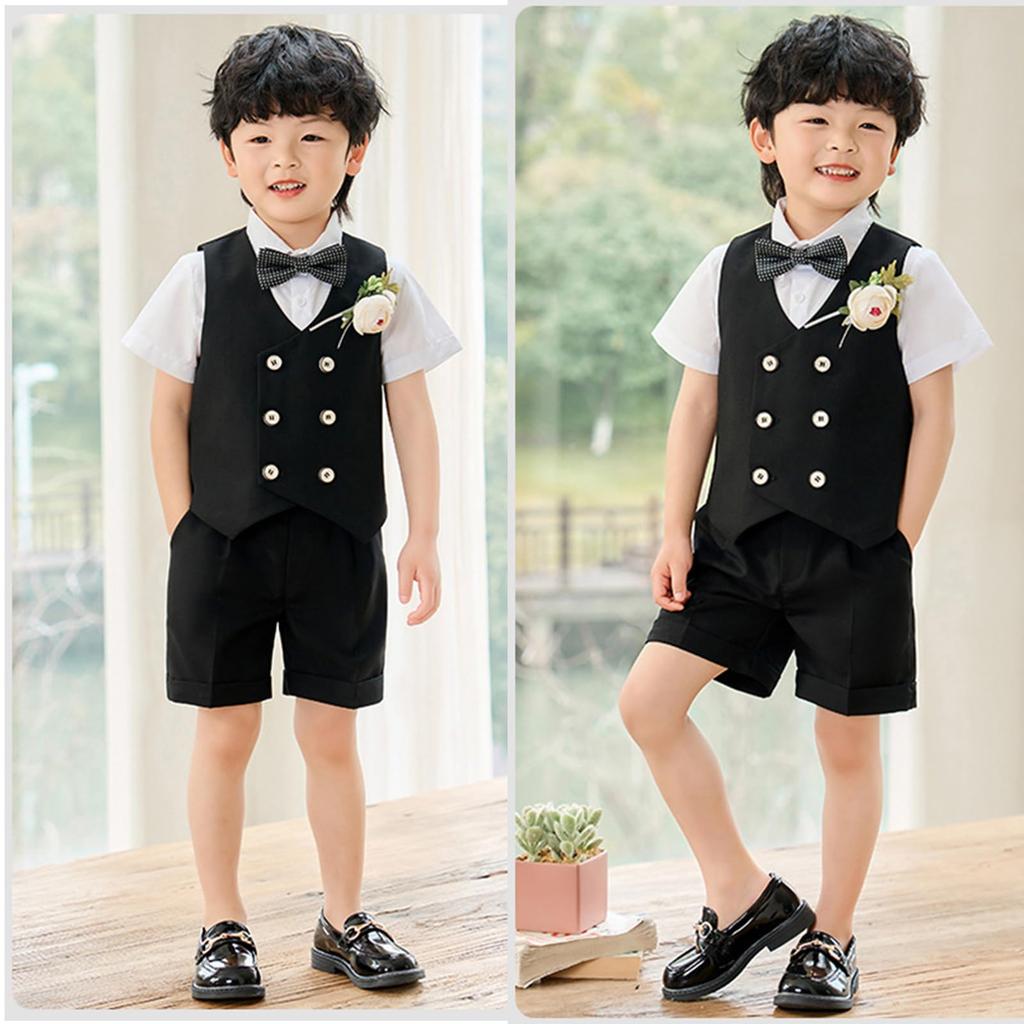 LOLANTA Boys' Formal Short Sleeve Summer Suit, 4-Piece Set, Includes Short Sleeve Dress Shirt, Shorts, Vest, and Bow Tie, Perfect for Weddings, Recita