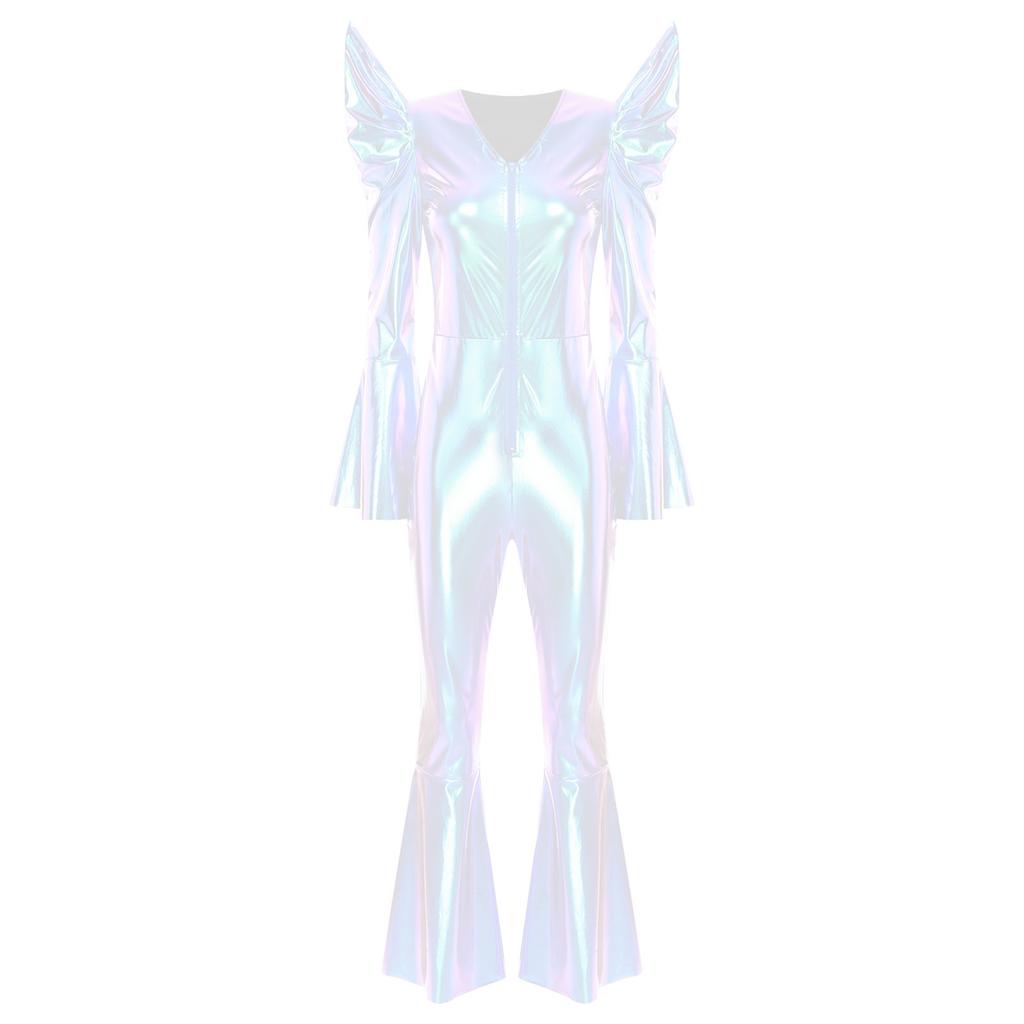 Tuta Disco Metallizzata Lucida da Donna Manica Lunga Vita Alta Zip Frontale Fondo a Zampa Romper Abbigliamento da Club
