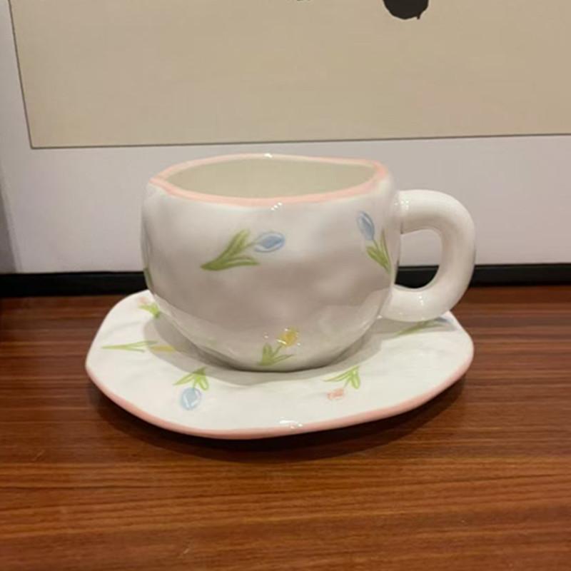 Korean Ins Style Hand-painted Love Ceramic Cup and Saucer Couple, Underglaze Color Irregular Coffee Cup and Saucer Afternoon Tea