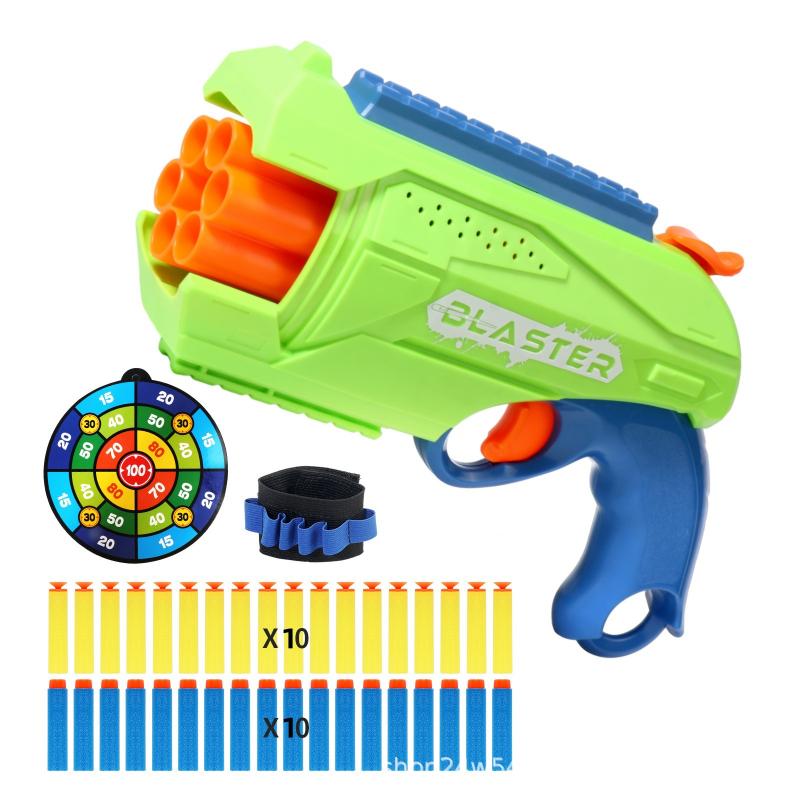Children 6-Shot Soft Bullet Gun with 20 Bullets Target Wristband Manual Toy Gun Indoor Outdoor Shooting Games Kids Gifts