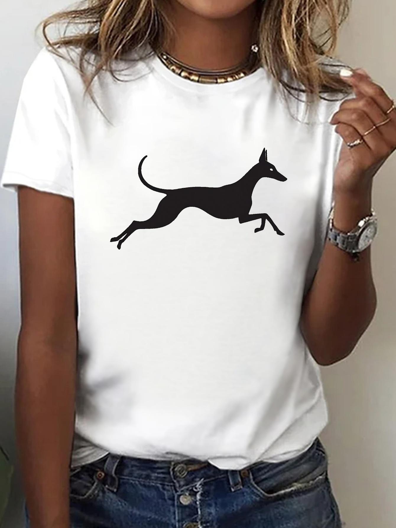 Women s Greyhound Dog Print T-Shirt - Short Sleeve Crew Neck Casual Top with Greyhound Design, Greyhound Breed Lover Apparel, S белый