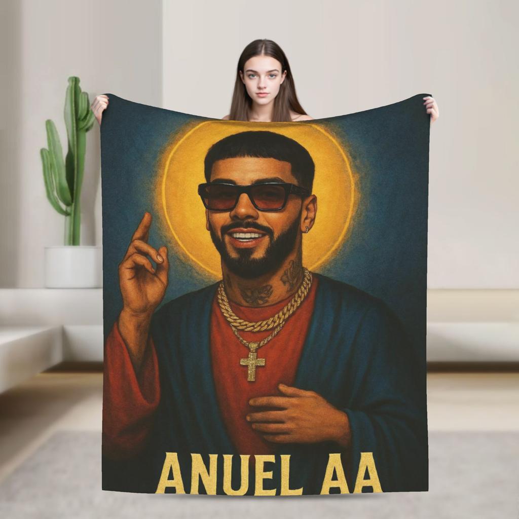 Rappare Anuel AA tryckt filt Picknick Flanellpläd för soffa säng Mjuk Anpassad DIY Kvalitet Sängöverkast Presentidé