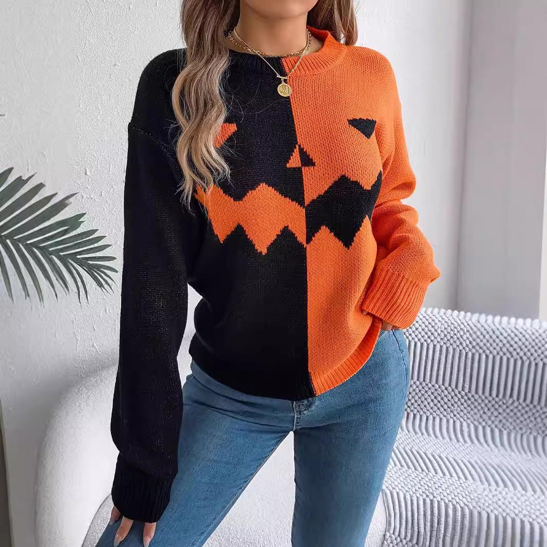 

GMXIA Autumn and Winter Halloween Ghost Pumpkin Color-blocking Long-sleeved Pullover Sweater for Women S оранжевый