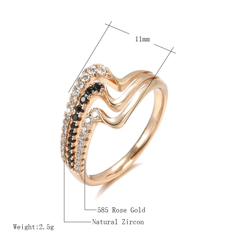 Luxury Rose Gold Natural Black Zircon Ring Fashion 3 Rows Waves Rings For Women Vintage Wedding Jewelry