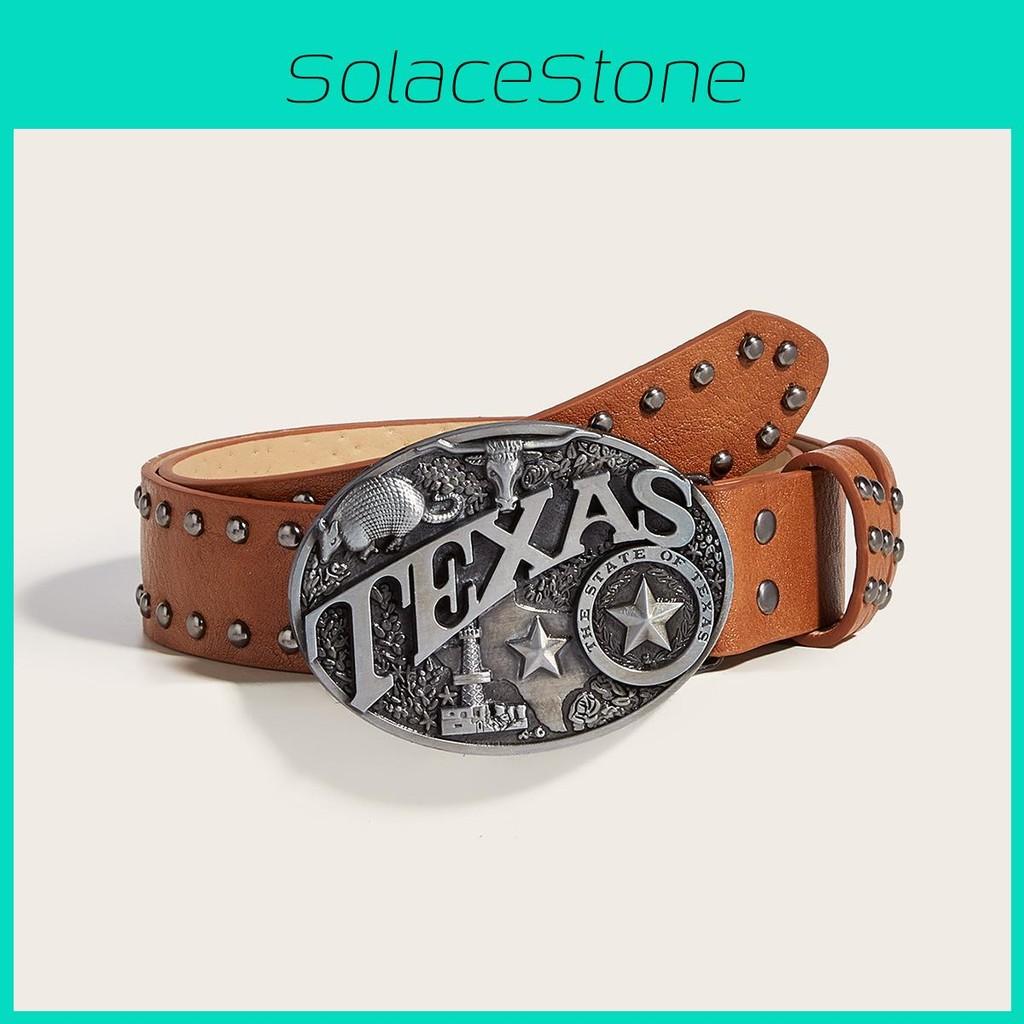 Leather Belt Punk With Hollow Rivet Decor And Letter Design Circular Buckle