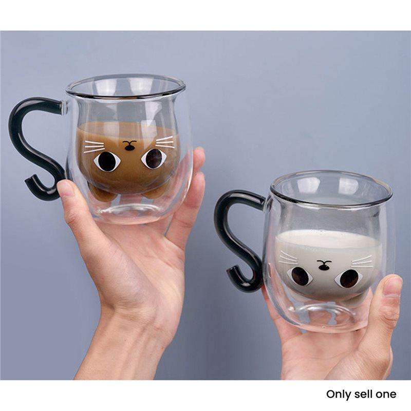 ABJJ Glass Cup Double Wall 250Ml Cute Cat Design Home Coffee Mug With Handle For Hot And Cold Milk Tea Juice Transparent Drinkwa