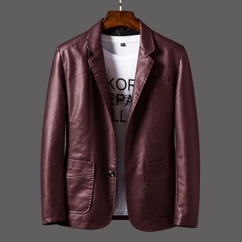 Men's Autumn Business Slim-Fit Suit Collar Leather Jacket Youth Round Hem Single-Breasted Motorcycle Jacket