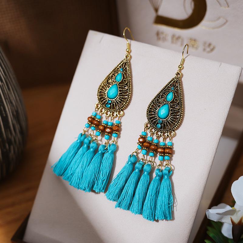 Fashion Bohemian Big Waterdrop Geometric Hollow Tassel Earrings For Women Wooden Beads Handmade Boho Female Wedding Drop Jewelry