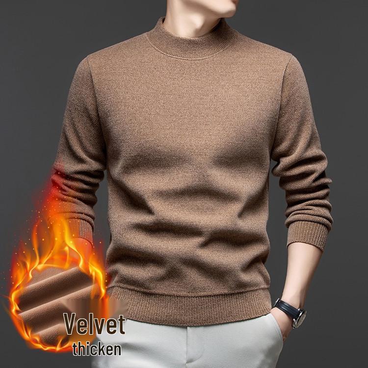 Men's Autumn/Winter Chenille Knit Half-High Neck Velvet-Enhanced Base Layer Sweater
