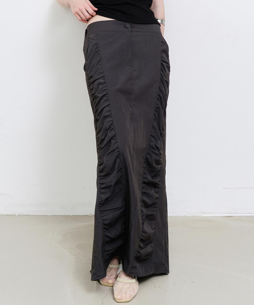 Nigaennikol Shirring Panel Long Skirt_Charcoal