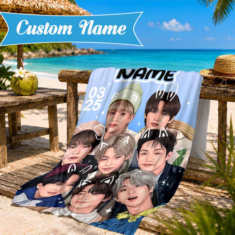 Custom Name K-pop stray Smile Beach Towel Microfiber Beach Towel, Lightweight and Quick-Dry, for Summer Travel, Swimming Pool Gift
