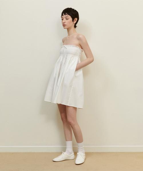Lady Volume Off-Shoulder Shirring Dress_White