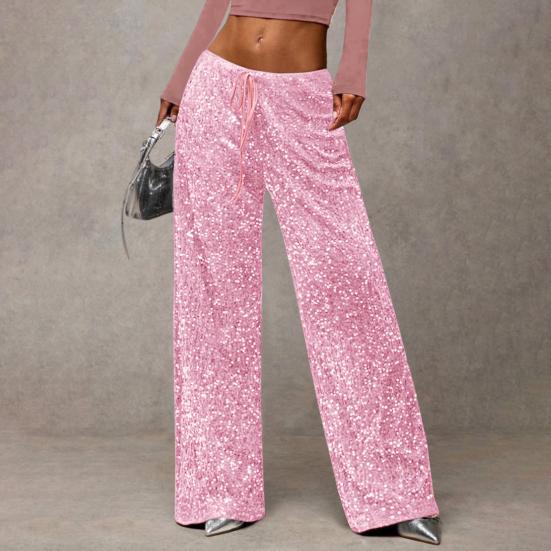 Dámské kalhoty s vysokým pasem a širokými nohavicemi, ležérní kalhoty se sekvenčním designem, elastický pas se stahovací šňůrkou, párty kalhoty