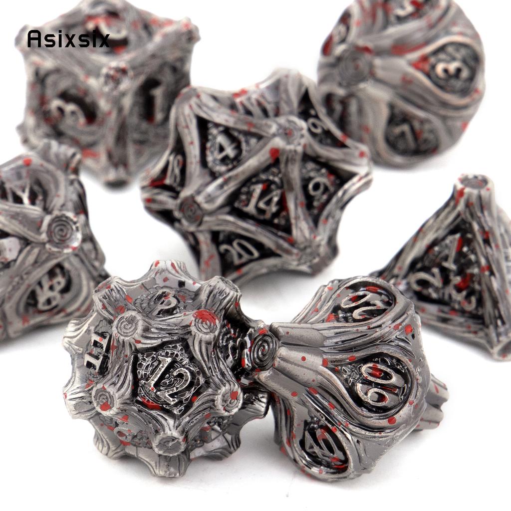 7 Pcs Silver Red Tree Stump Root Metal Dice Solid Metal Polyhedral Dice Set Suitable for Role-Playing RPG Board Game Card Game