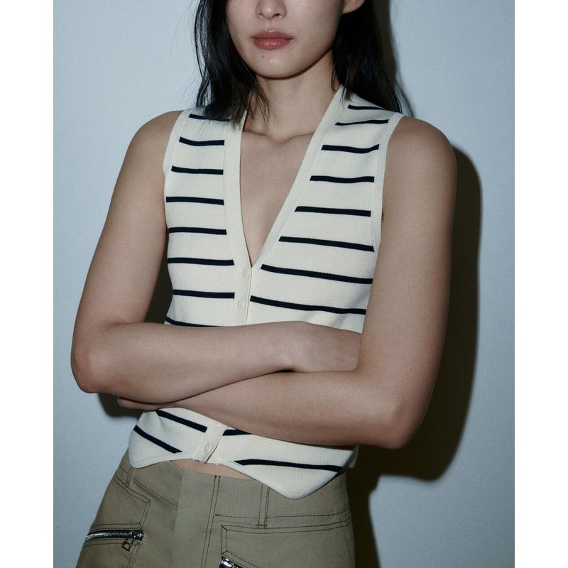 Spring New All-Matching Slimming Inner Bottoming Shirt Sleeveless V Neck Knitting Stripes Vest 3519032