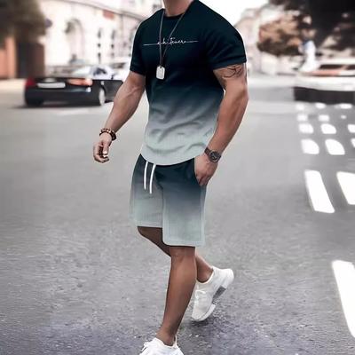 Conjunto de pantalones cortos de manga corta con degradado para hombre, camiseta con letras simples y estampado 3D, ropa deportiva de dos piezas para hombre
