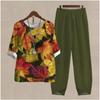 Women's Casual Two-Piece Floral Print Outfit Five-Point Sleeve Tops and Elastic Waist Pants Set